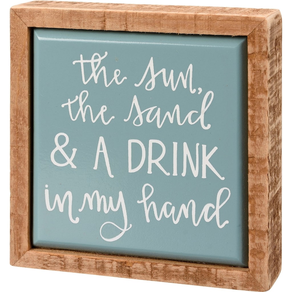 Sun Sand and Drink in My Hand Box Mini Tier Tray Sign 3.5 Inches - Multi