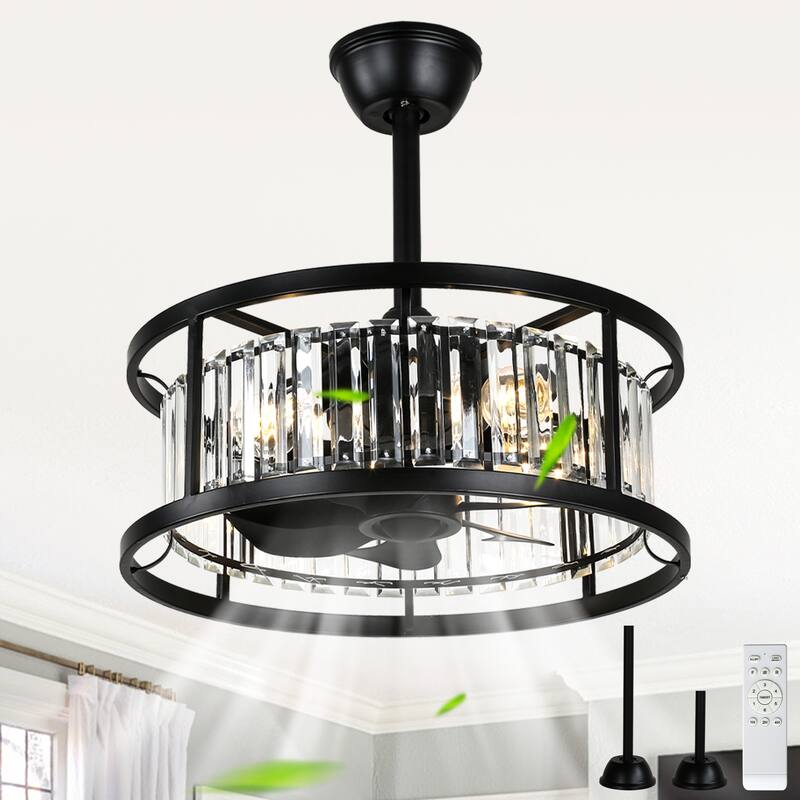 Cusp Barn 20" Black Crystal Caged Ceiling Fan with Light and Remote, Modern 8-Blade Fandelier, DC Motor Reversible Ceiling Fan - Black - Remote