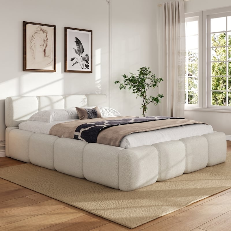 Boucle Upholstery Grounded Beds Platform Bed - Queen