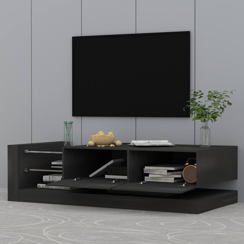 Wood TV Storage Console for TVs up to 75", Media TV Console Table with Open Shelves & 2 Cabinets, TV Stand with LED Lights