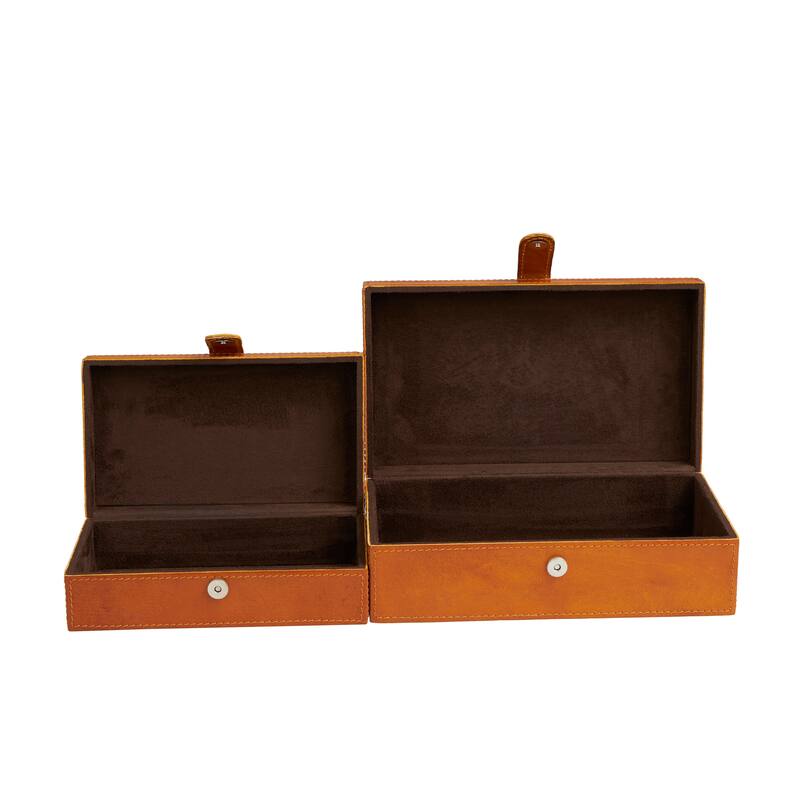 Brown Leather Storage Box with Snap Front Closure and Detailed Stitching (Set of 2)