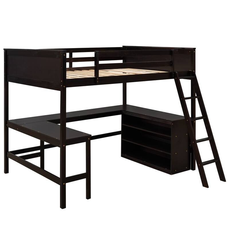 Space-Saving Full Size Loft Bed with Shelves and Desk in Espresso Finish