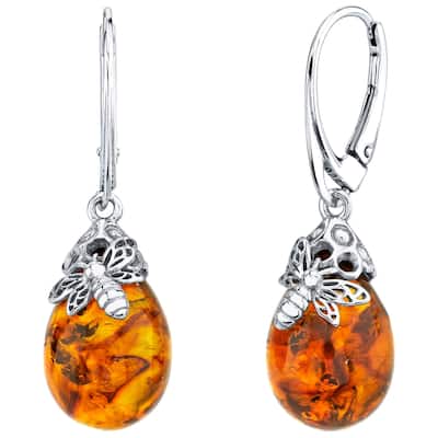 Baltic Amber Bee Drop Earrings in Sterling Silver