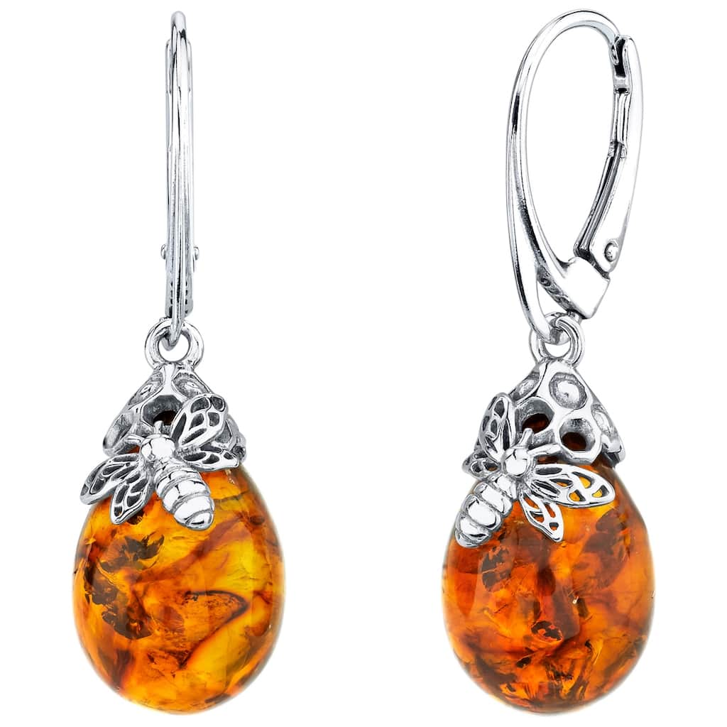 Baltic Amber Bee Drop Earrings in Sterling Silver