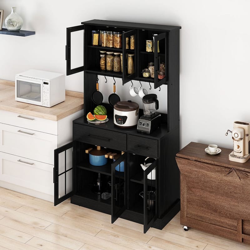 Moasis 71" Tall Pantry Storage Cabinet with Power Strip, Hooks, 2 Drawers, Microwave Stand, Kitchen Organizer