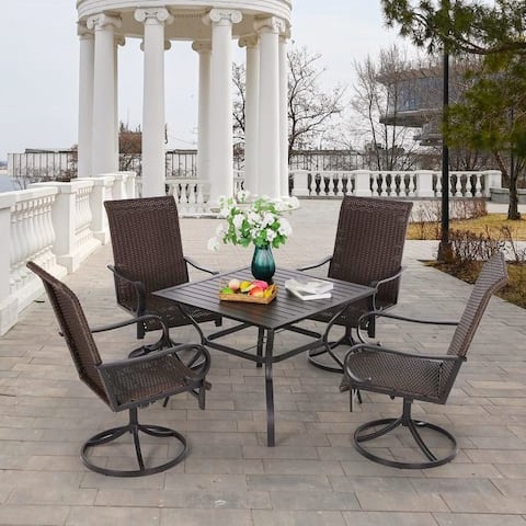 PHI VILLA 5-Piece Outdoor Patio Dining & Chat Set of Steel Square Table & 4 Rattan Swivel Chairs