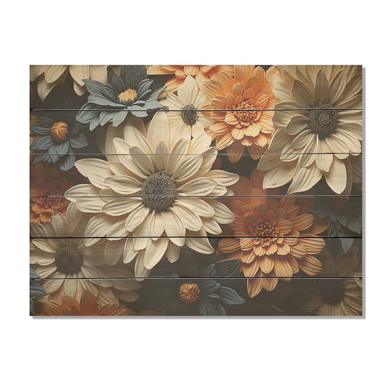 Designart "White And Orange Daisy Florescence Radiance" Daisies Wood Wall Decor White Wood Panel On Natural Pine Wood