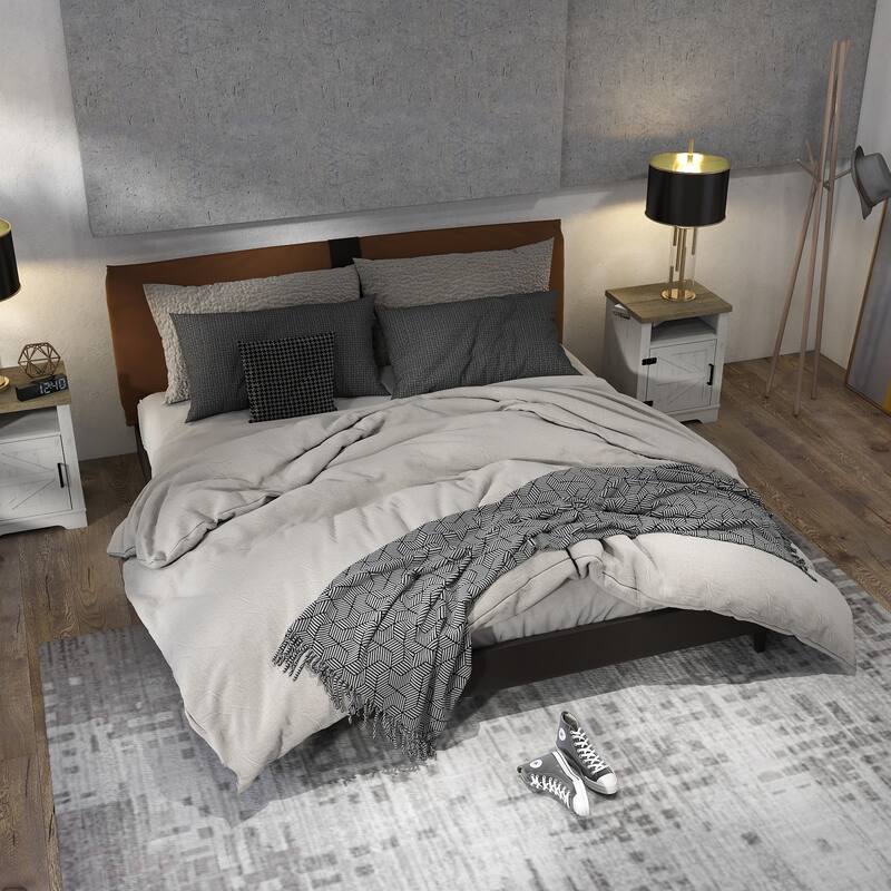 Farmhouse Nightstand, Modern Bedside Table with Barn Door and Shelf, Rustic End Table Side Table for Bedroom, Living Room