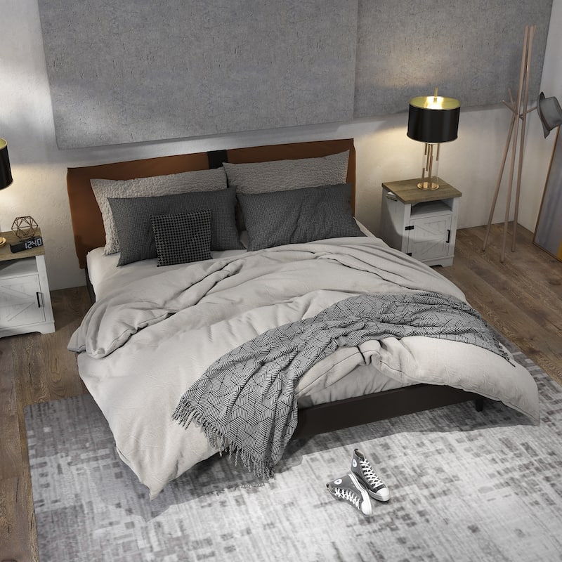 Farmhouse Woodem Nightstand, Sofa Side Table with Barn Door & Open Shelf, Multi-functiona Bedroom Coffee Table