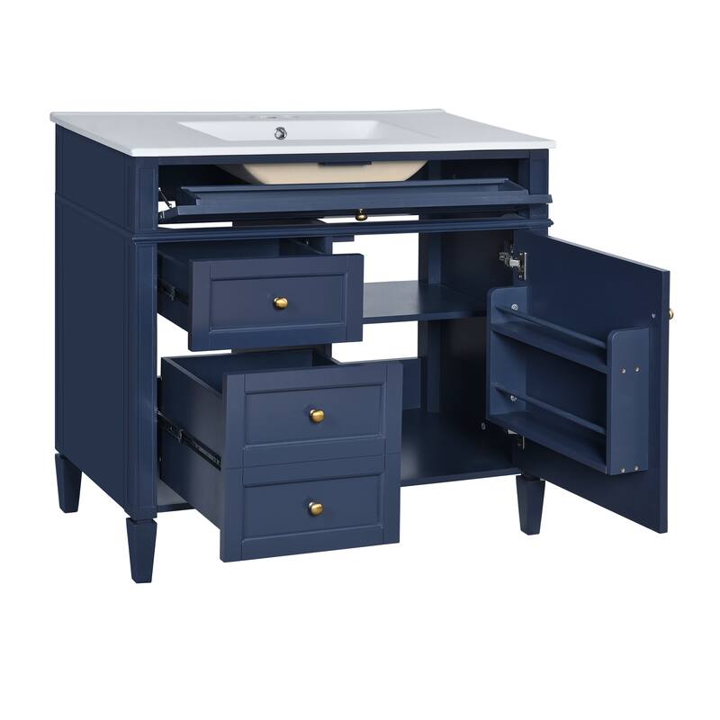 Modern Single Sink Bathroom Vanity Cabinet with Door Rack, Tip-out Drawer, 2 Pull-out Drawers, Metal Knobs and Adjustable Shelf