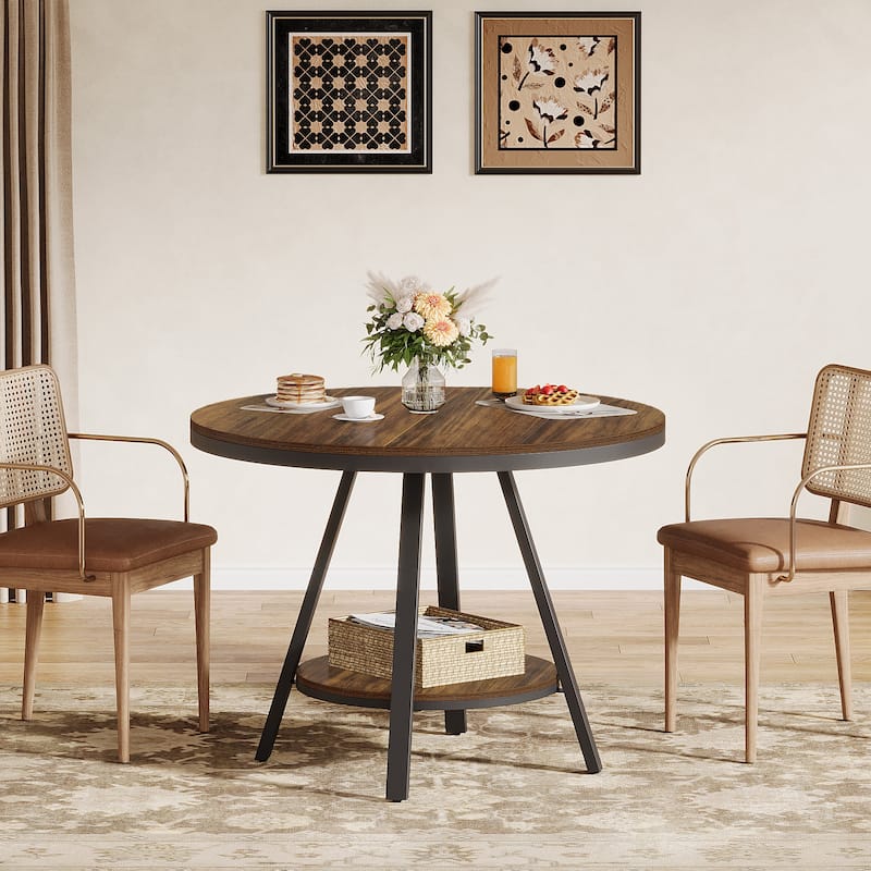 2 Tier Small Round Dining Table for 2-4 People, Industrial Kitchen Dinner Table with Sturdy Metal Leg - Brown + Black