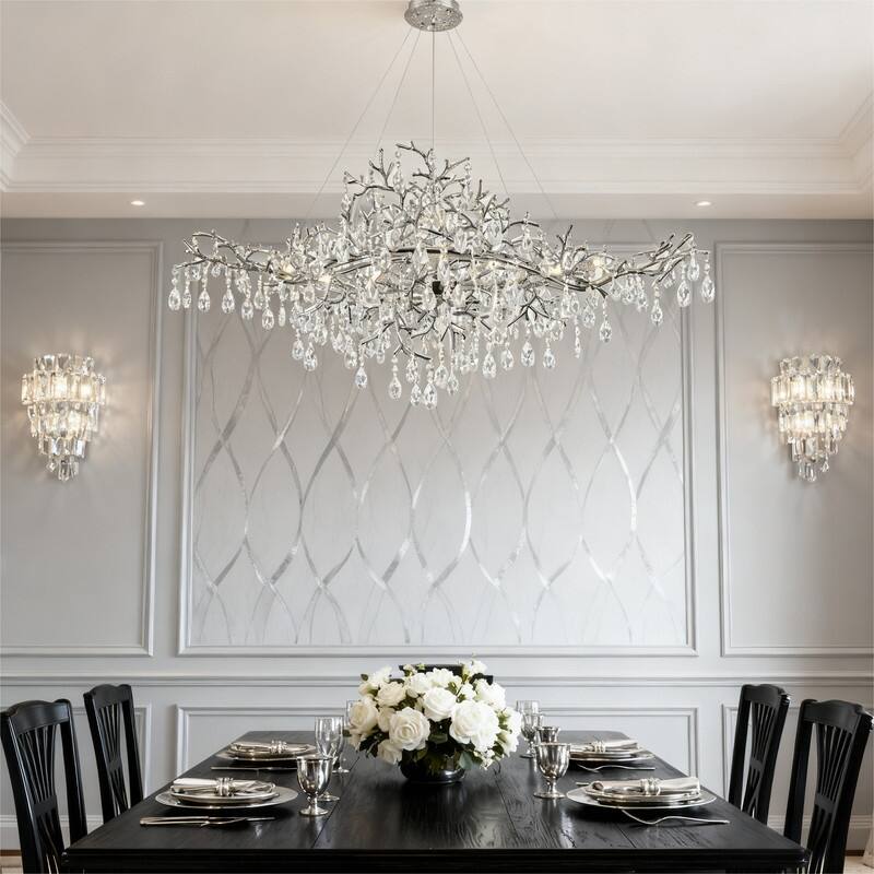 47 in. Luxury Crystal Linear Chandelier, Modern 12-Lights Tree Branch Ceiling Pendant Light for Dinning Room,Living Room - Silver