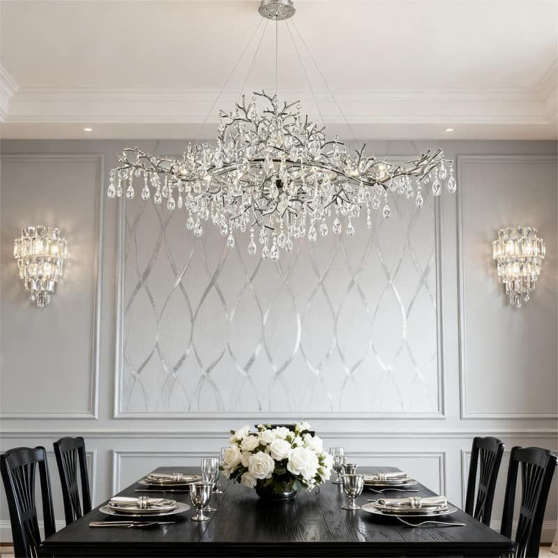 47 in. Luxury Crystal Linear Chandelier, Modern 12-Lights Tree Branch Ceiling Pendant Light for Dinning Room,Living Room