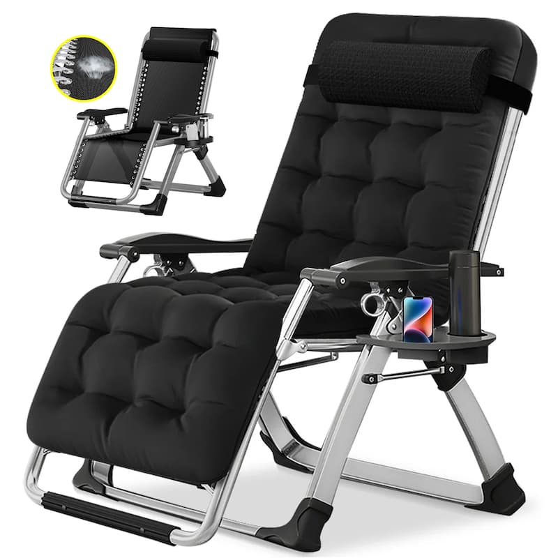 Folding Adjustable Zero Gravity Chair, with PIllow and Cushion, Black - Black