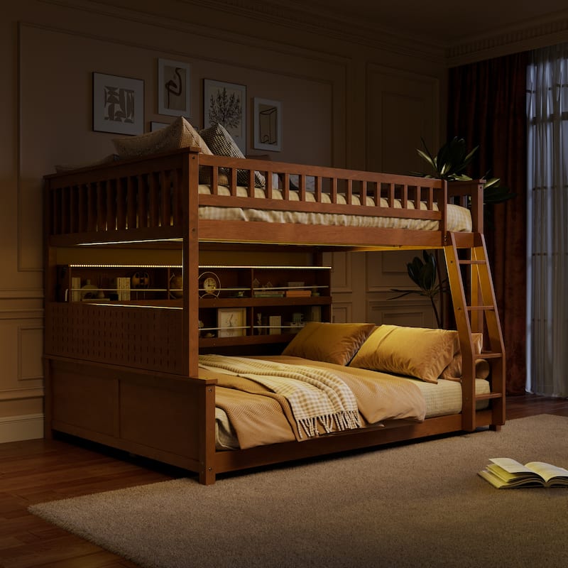 Full XL over Queen/Full over Full Bunk Bed with Integrated Shelving, Color-Changing Lights & Pegboard