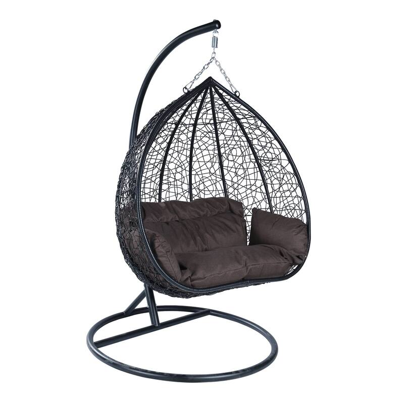 Hanging Swing Chair with Weave Design and Teardrop Shape in Black Frame - Brown