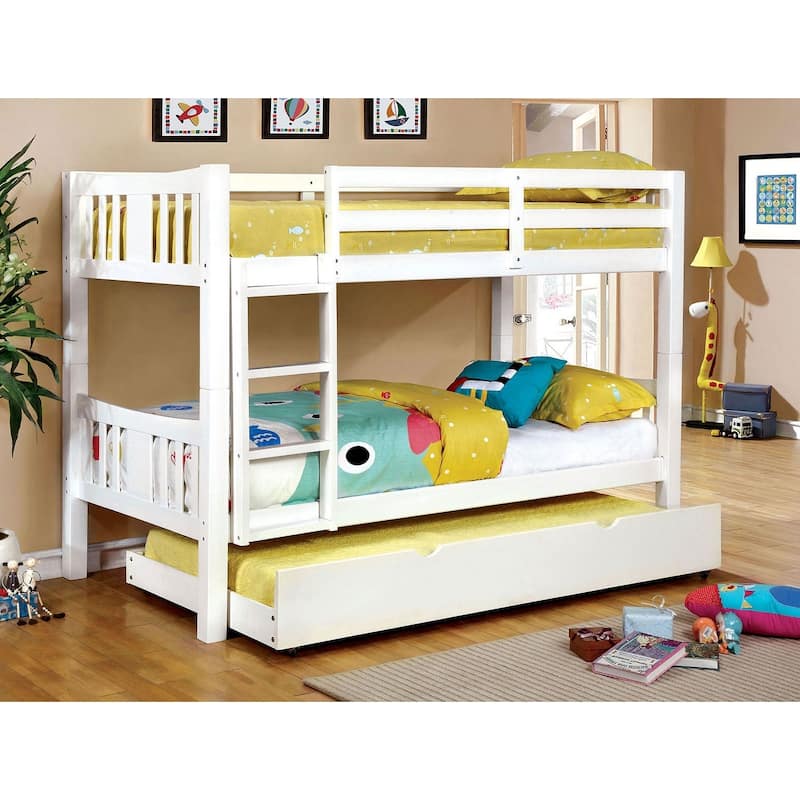 Twin Over Twin Wooden Bunk Bed with Attached Ladder and Lock Joint, White