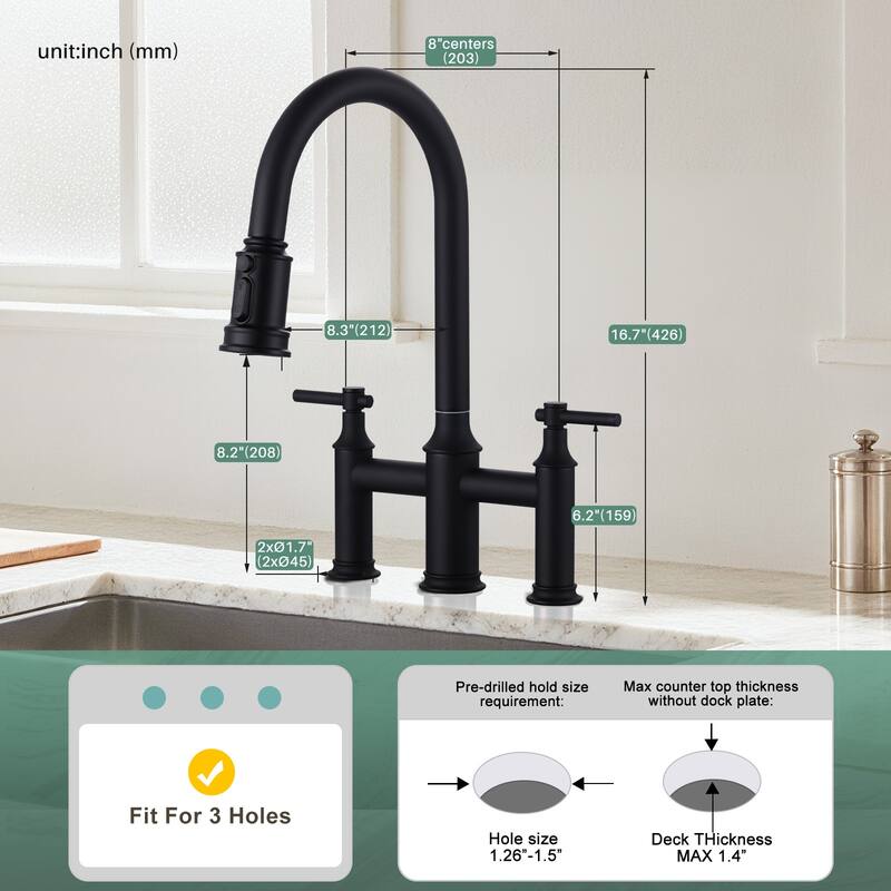 WOWOW Double Handle Pull Down Sprayer Bridge Kitchen Faucet