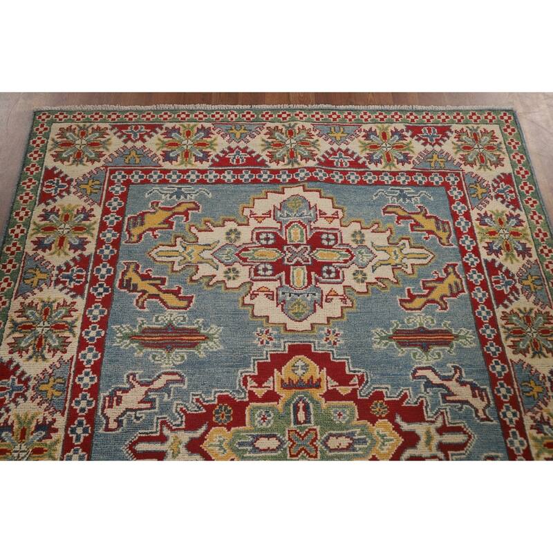 Light Blue Geometric Kazak Area Rug Hand-Knotted Wool Carpet - 4'10" x 6'7"