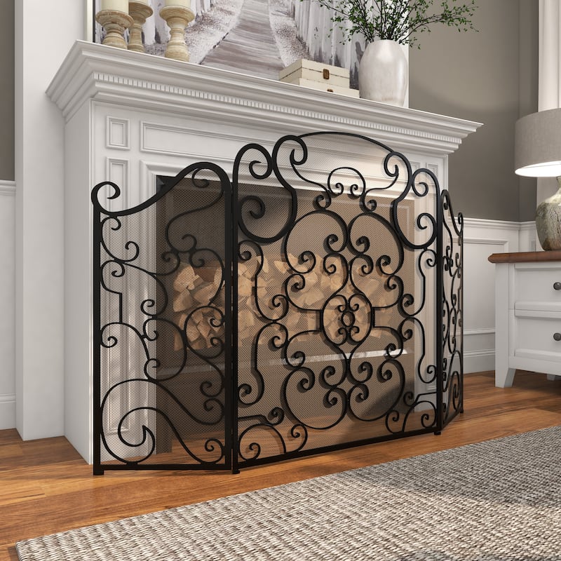 Metal Scroll Foldable Mesh Netting 3 Panel Fireplace Screen - Black - Roche River Decor
