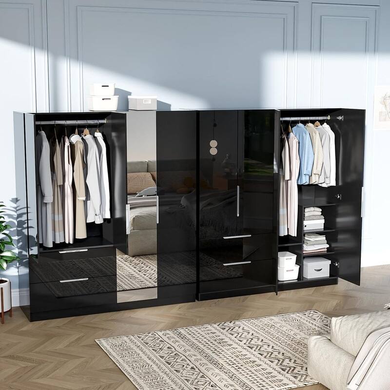 Armoire 4 Doors 2 Drawers with Full-length Mirror Door with High Gloss Paint