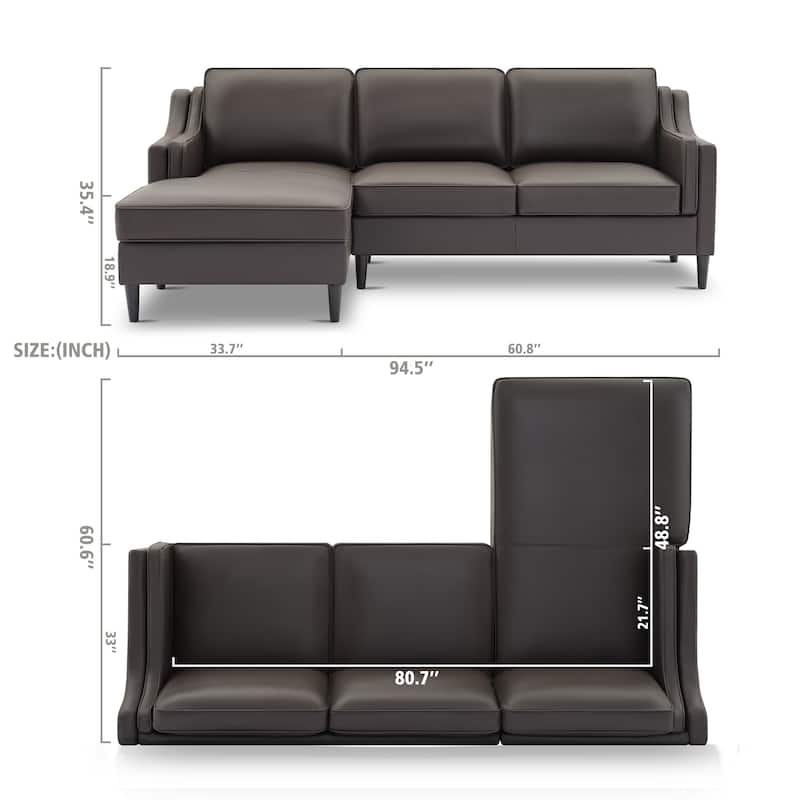 94.5" Genuine Leather L-Shaped Sectional Sofa with Left Chaise Lounge and Modern Design