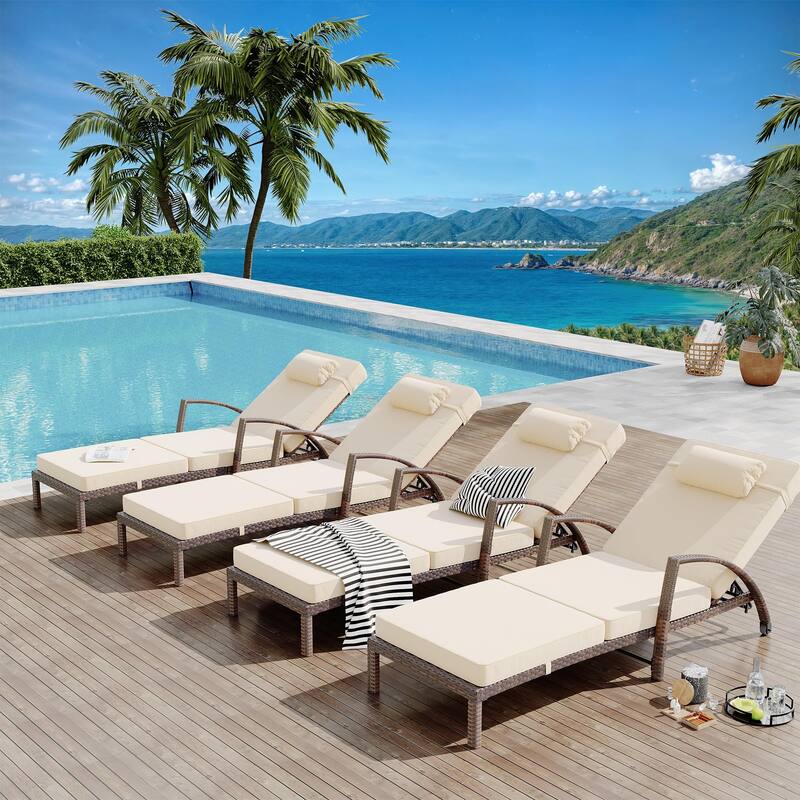 Outdoor Chaise Lounge Chairs Set of 2, Patio Rattan Reclining Chair with 5-Position Adjustable Backrest