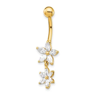 Curata Solid 14k Yellow Gold Cubic Zirconia 10mm 2-flower Dangle Belly Ring (10mm x 20mm)