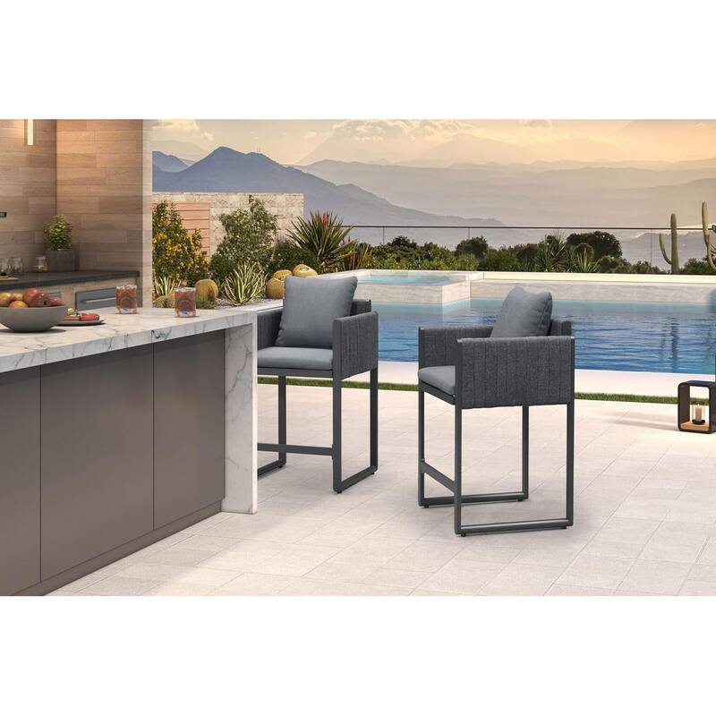 PURPLE LEAF Bar Stool Set of 2 Outdoor Rattan Bar Chair with Back Metal Bar Height Stool Wicker Barstool Dark Grey