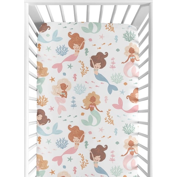 slide 2 of 6, Sweet Jojo Designs Ocean Mermaids Girl Fitted Crib Sheet Pink Teal Under the Sea Underwater Theme Fairytale Fish Blue Orange