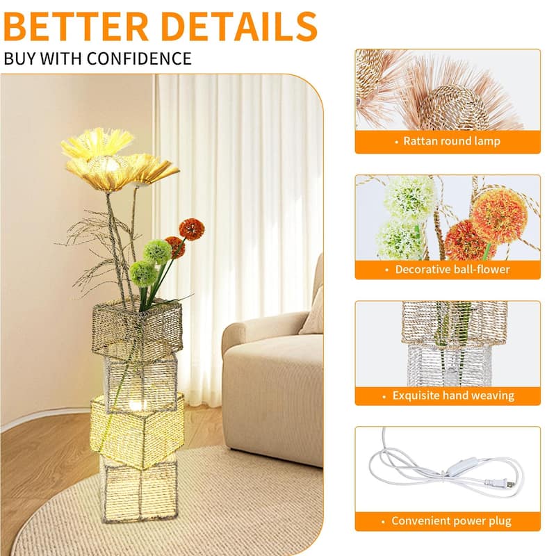 Pastoral Led Floor Lamp Hand-Woven Rattan Wicker