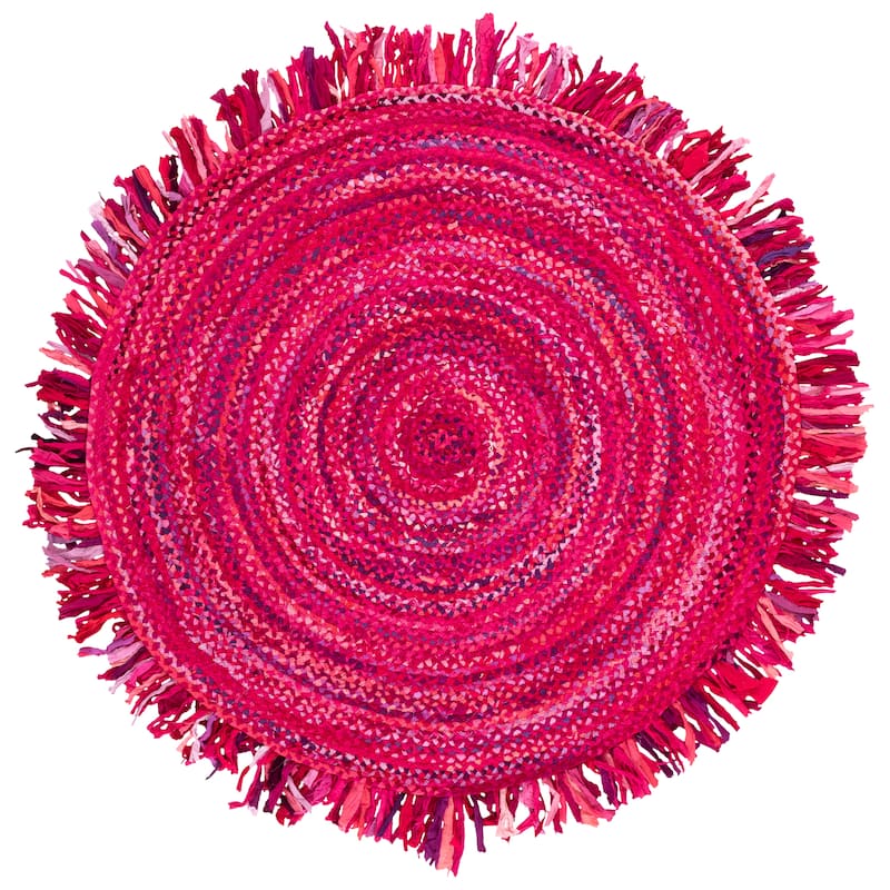SAFAVIEH Handmade Braided Samya Country Cotton Rug with Fringe - 6' Round - Pink/Fuchsia