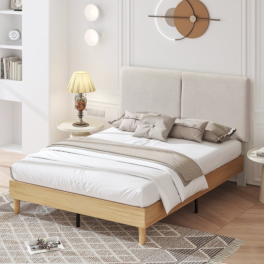 VECELO Upholstered Platform Bed Frame with Adjustable Headboard, Solid Wood Slats No Box Spring Needed Twin/Full/Queen Size
