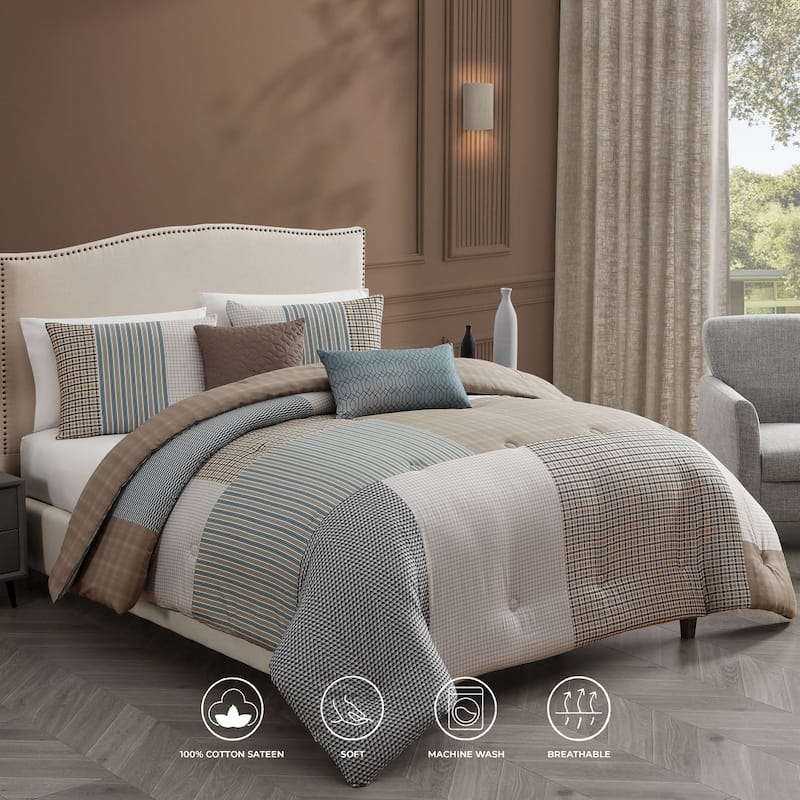 Bebejan Tranquil Patch 100 % Cotton Sateen 5 Piece Reversible Comforter Set