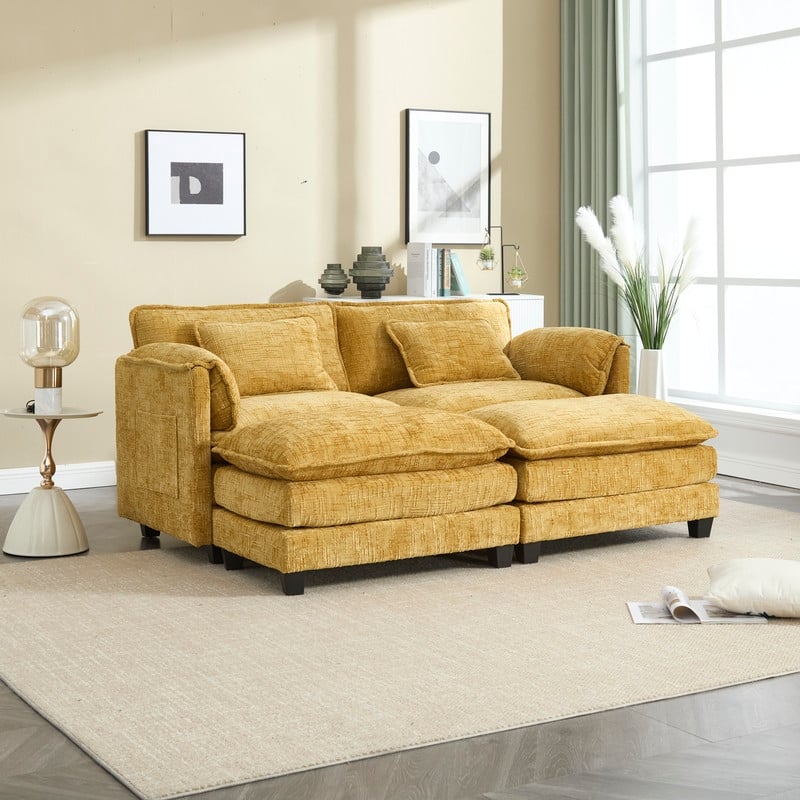 76.77" Chenille Upholstered Sofa with 2 Ottomans