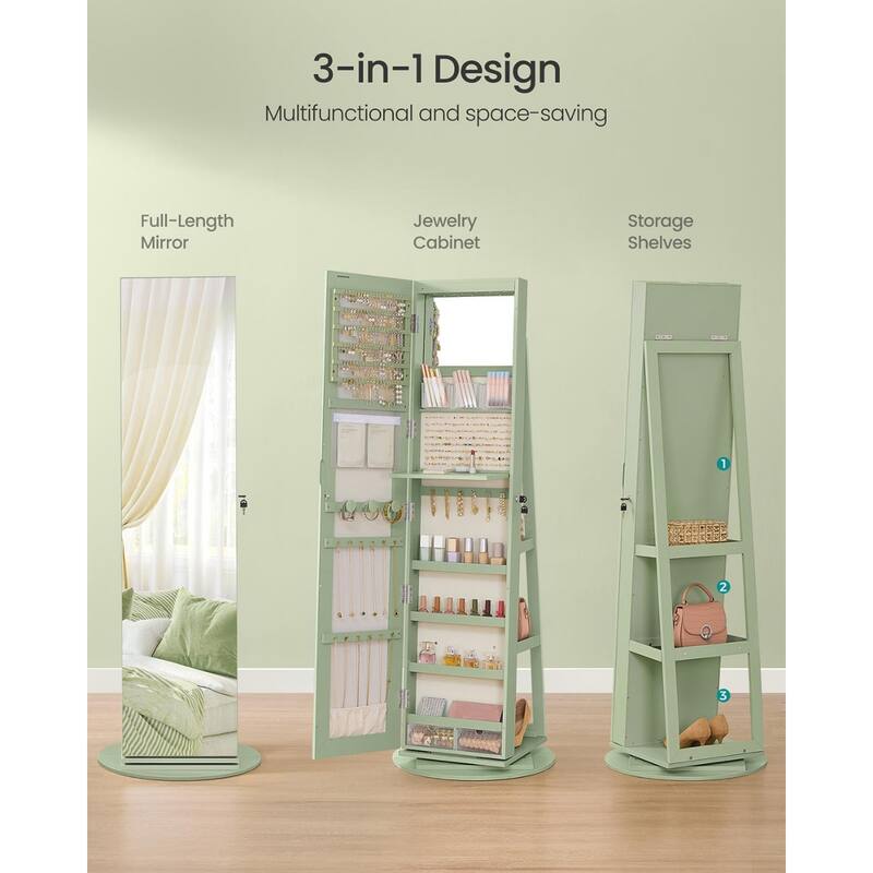 6 LEDs Lockable Mirror Jewelry Cabinet Laurel Green Surface Cream White Lining - Multi