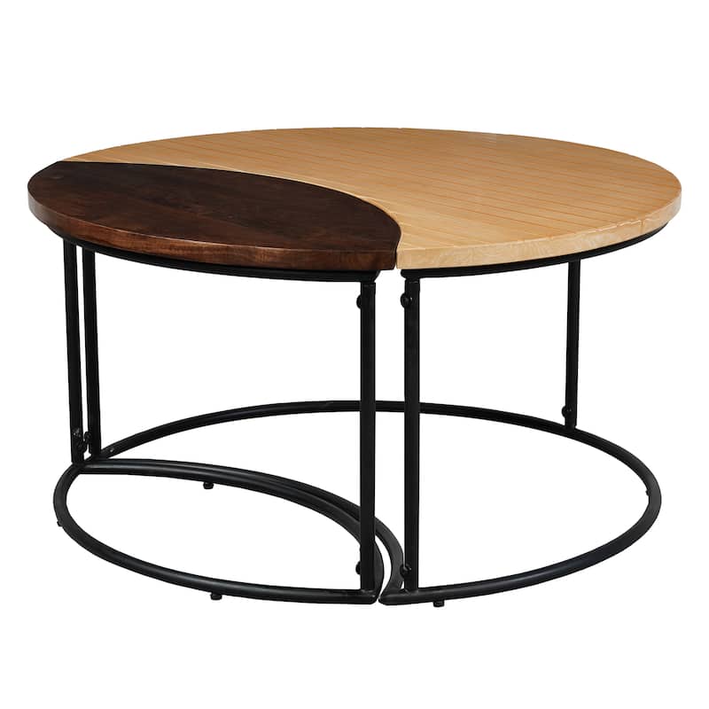 35 Inch 2 Piece Coffee Table with Black Iron Frame, 2 Tone Mango Wood Top In Natural Brown and Walnut