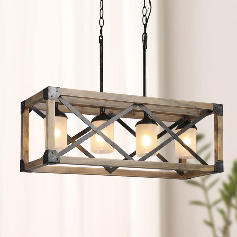Farmhouse Rustic 4-Light Chandelier Wood Linear Island Lights