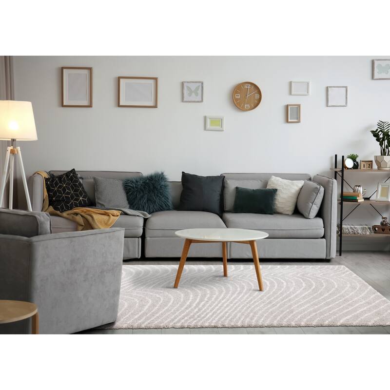 Shiloh Collection - White Grey Waves Super Soft Thick Area Rug