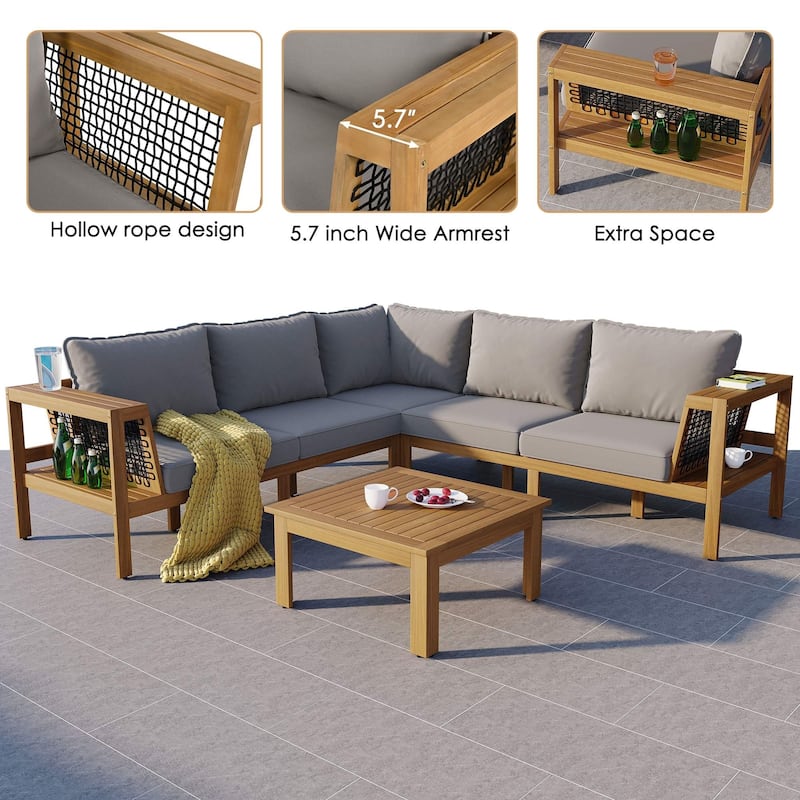 4-Piece Acacia Wood L-Shaped Patio Sofa Set with Side Table For 5