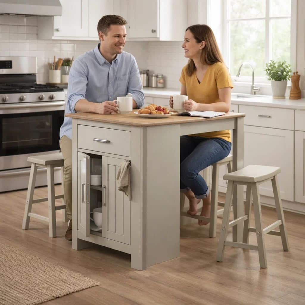 3 Piece Dining Table Kitchen Island with Storage, Counter Stools, Gray