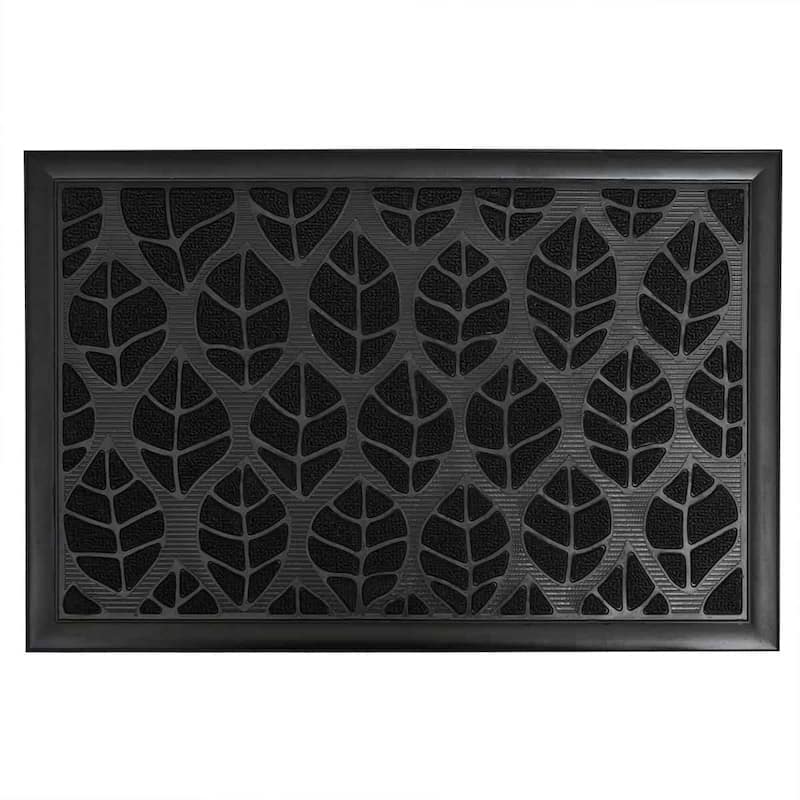 Decorative Leaf Pattern Door Mat 24x16 Inch Non-Slip Mat - Black