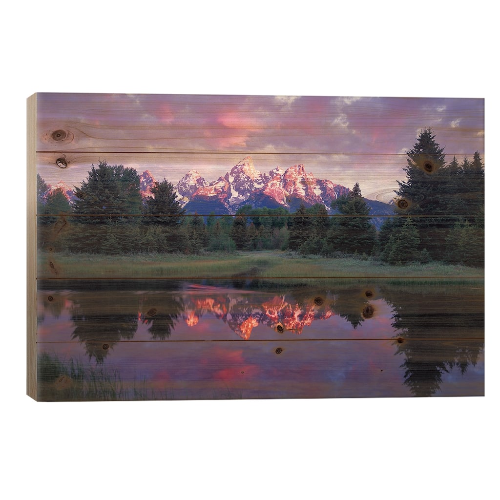 Teton Range At Sunrise, Schwabacher Landing, Grand Teton National Park, Wyoming Print On Wood by Tim Fitzharris - Multi-Color