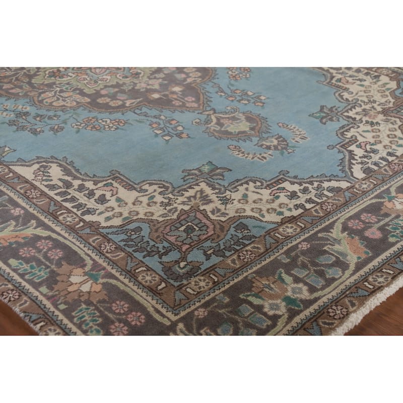 Light Blue Tabriz Vintage Persian Area Rug Handmade Wool Carpet - 6'7" x 9'3"