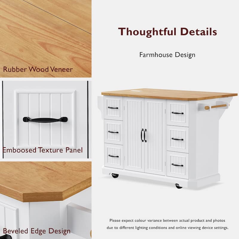 56" Rolling Kitchen Island with Storage Cabinet, Vertical Stripe Mobile Kitchen Cart Island Table with Power Outlet