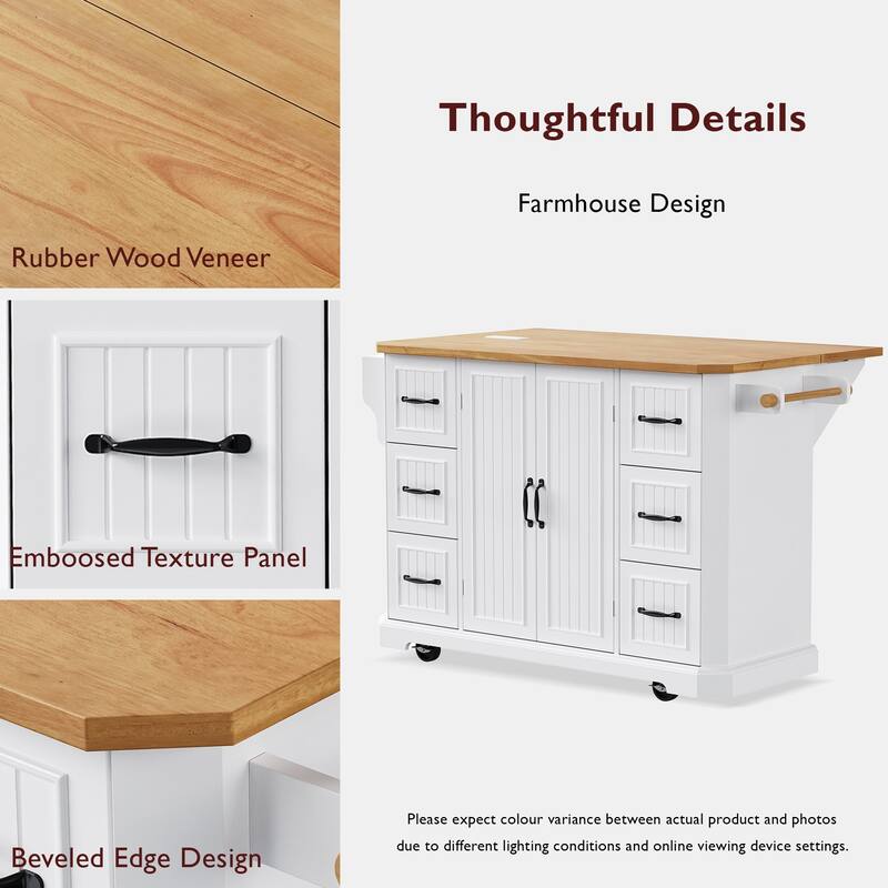 Kitchen Island with Drop Leaf,Features Power Outlet and Ample Storage