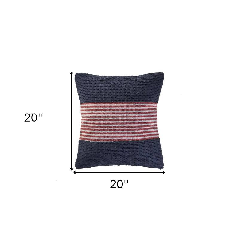 HomeRoots 20" X 20" Blue And Red 100% Cotton Striped Zippered Pillow