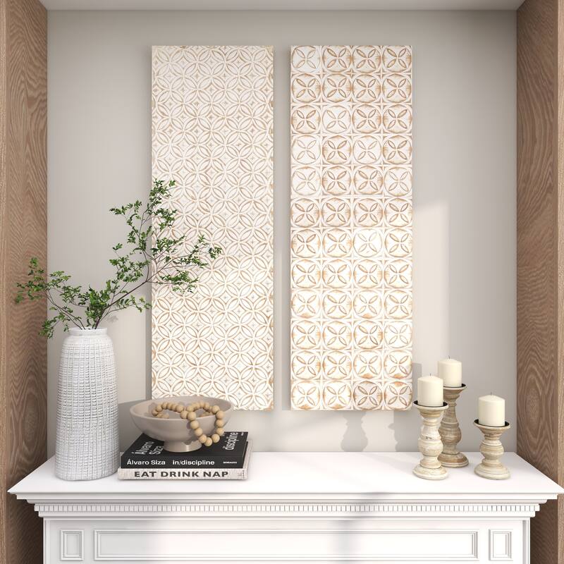 White Wooden Intricately Carved Geometric Home Wall Decor (Set of 2)