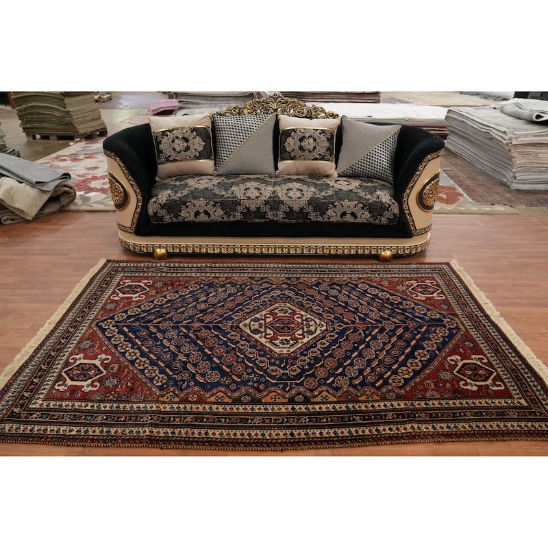 Hand Knotted Oriental 100% Wool Carpet Traditional Geometric Navy Blue & Blues Qashqai Area Rug - 8' 6'' X 5' 3''