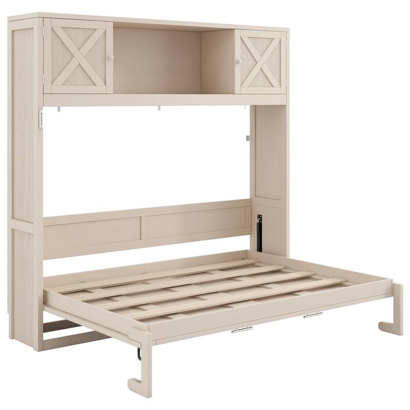 Full Size Murphy Bed Space Saving Cube Cabinet Bed Frame with Top Storage Bookcase Cabinets, Foldable Platform Bed Frame